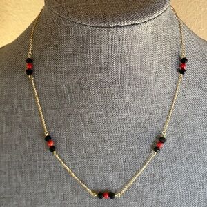 18K Gold Filled Station Necklace 17” | Red & Black Beads | Dainty Minimalist